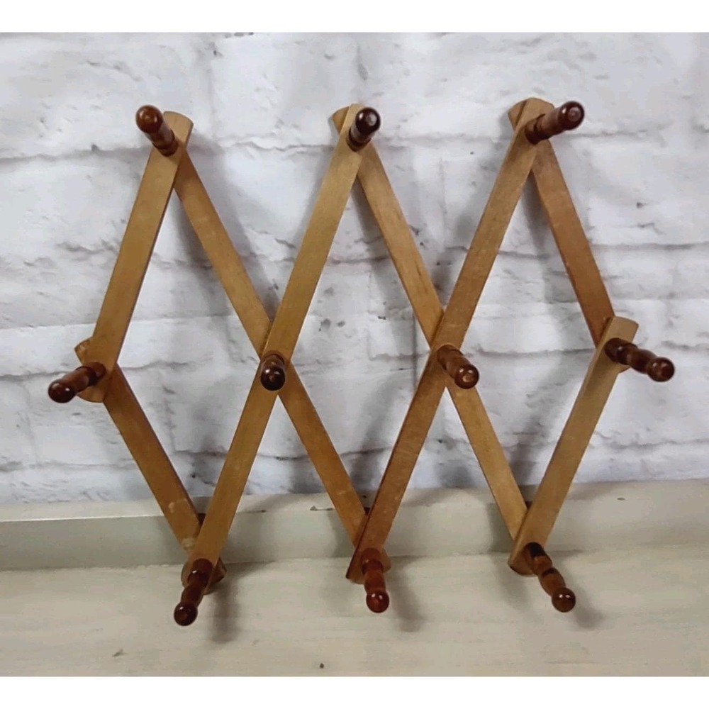 Vintage Wood Accordion Folding Peg Rack 10 Hook Expandable Wall Mug Hat Jewelry